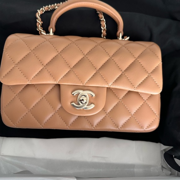 New Chanel 23P Mini Top Handle Flap Bag Lambskin Gold Caramel Dark Beige GHW NWT - Picture 3 of 6